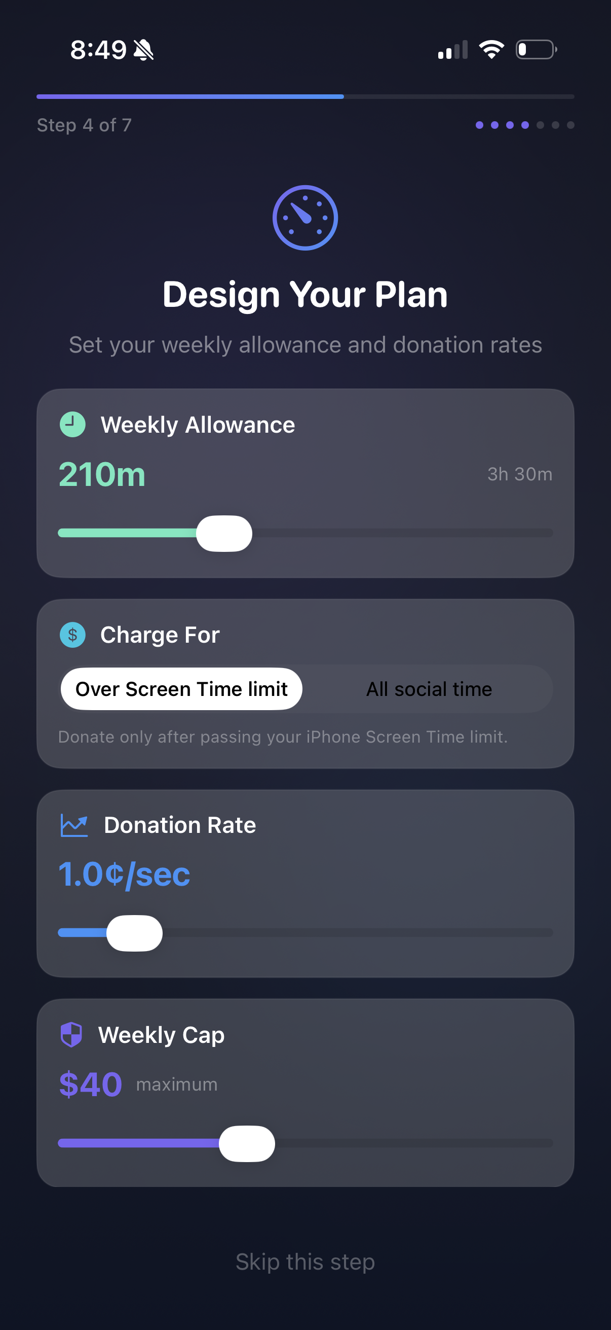 Design your donation plan screen in the Pay Attention app
