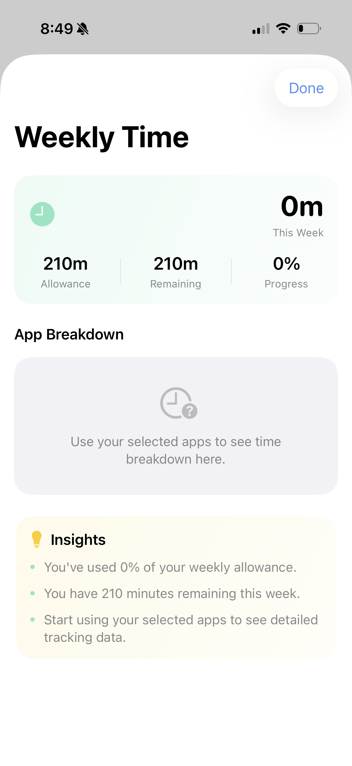 Weekly time dashboard screen in the Pay Attention app