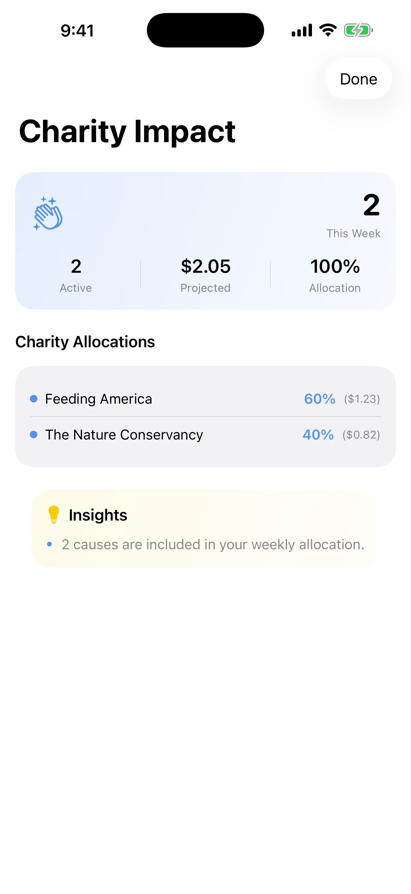 Pay Attention charity impact screen with nonprofit allocations