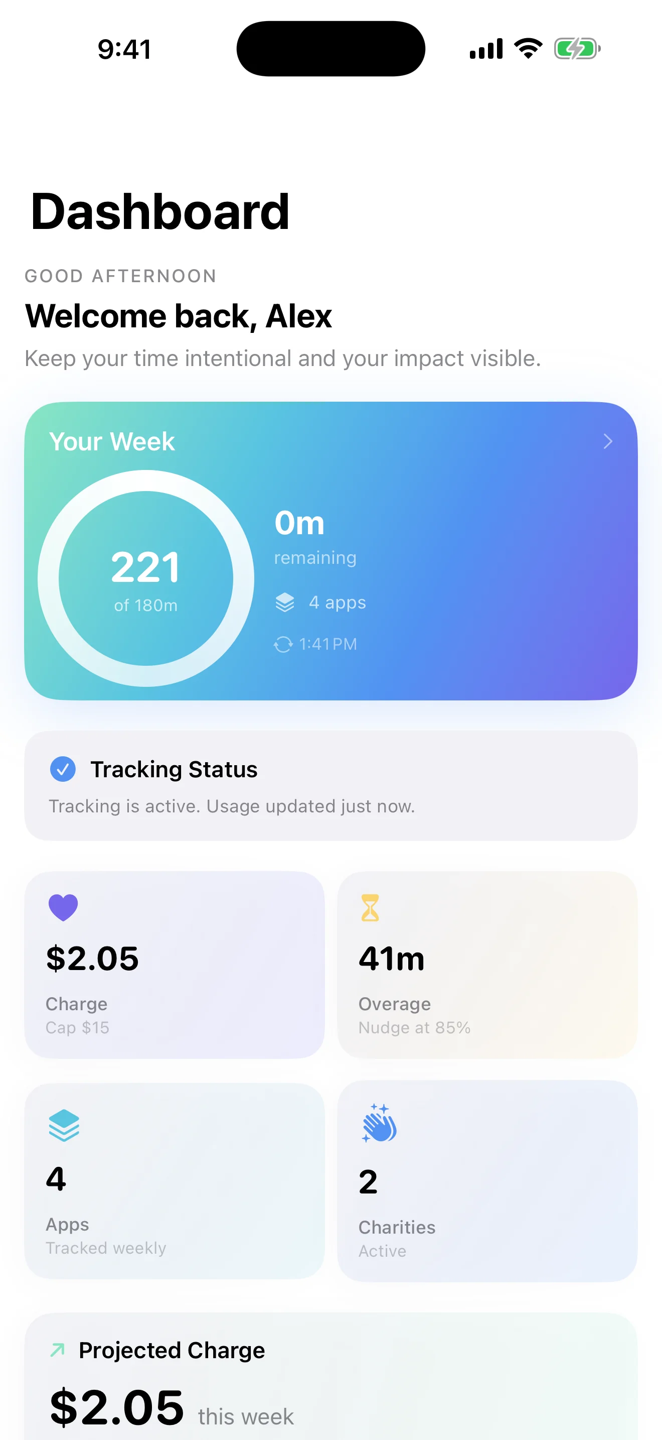 Pay Attention dashboard showing weekly time, projected charge, selected apps, and active causes