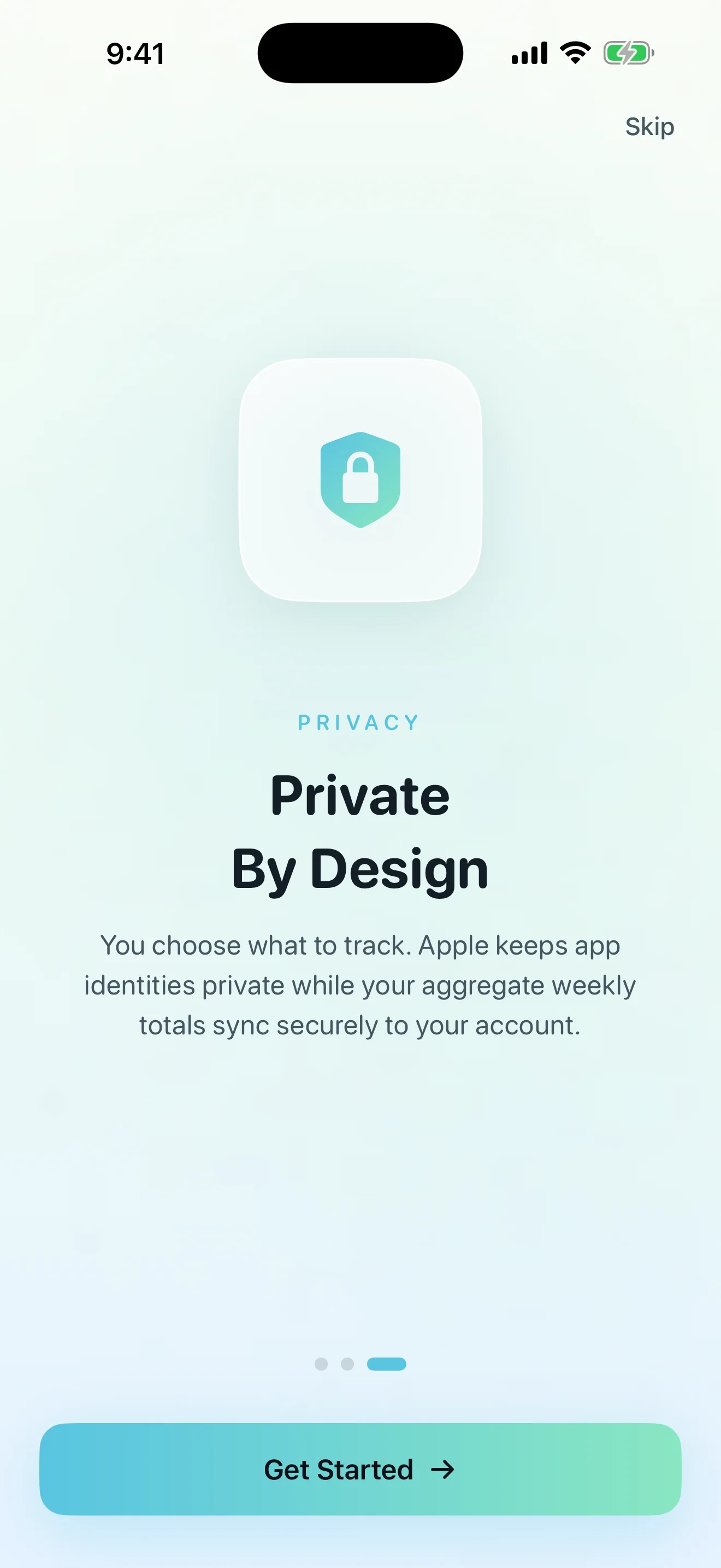 Pay Attention private by design onboarding screen